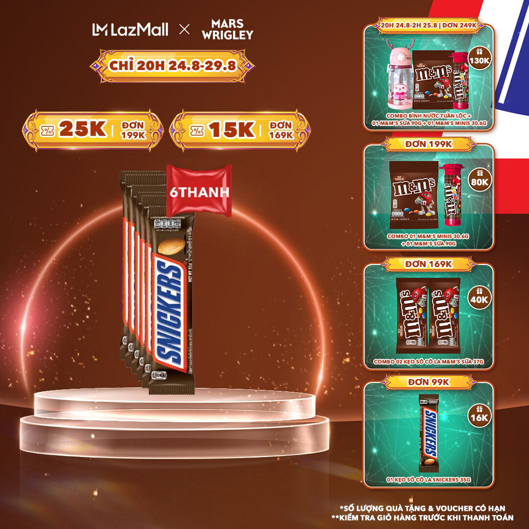 [20H 24.8-29.8|Quà tặng ĐƠN TỪ 99K - SLCH] Combo 6 thanh kẹo Sô Cô la Snickers thanh 51g