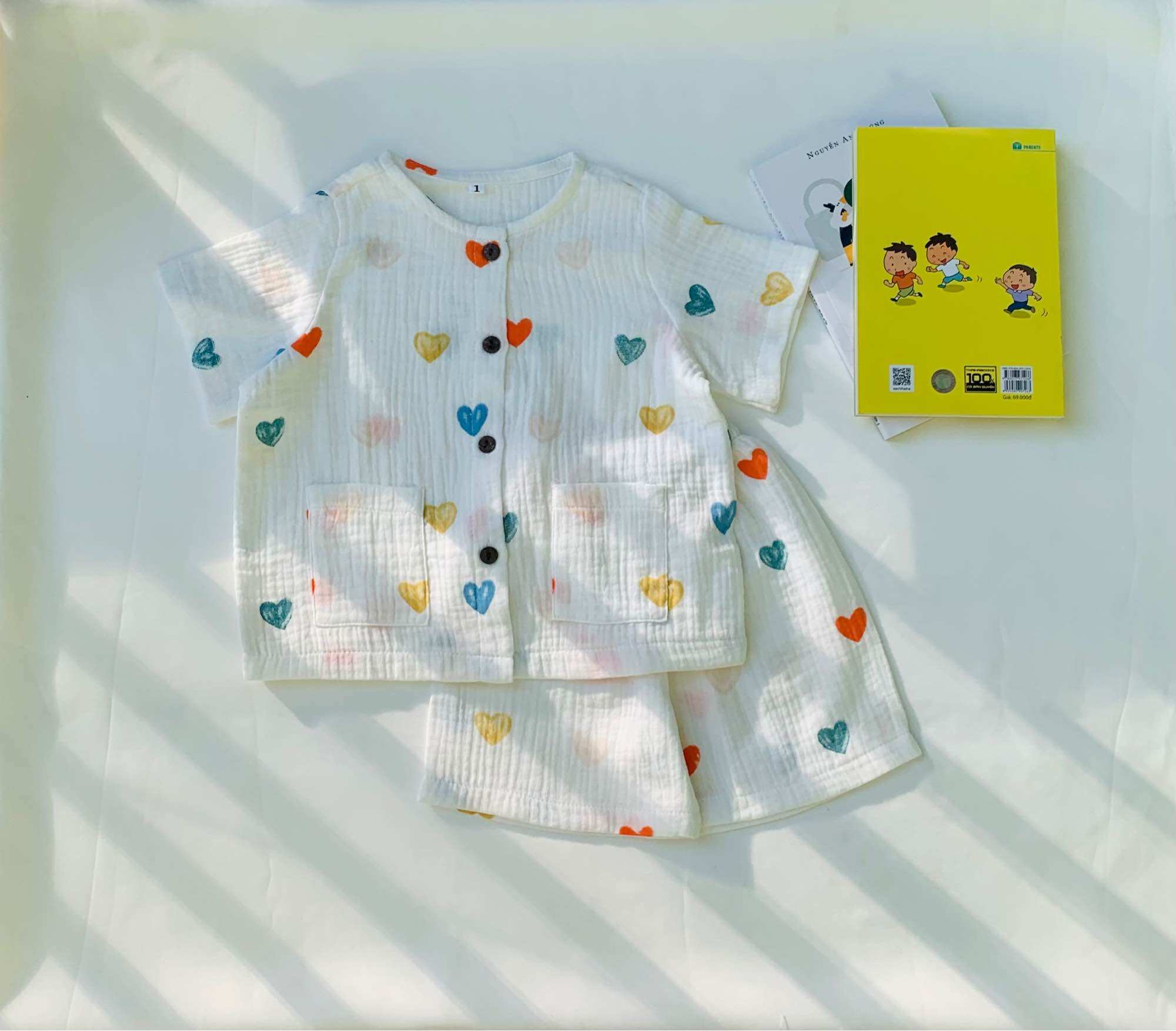 Bộ đồ mặc nhà pyjama cho bé trai bé gái vải xô Muslin cao cấp