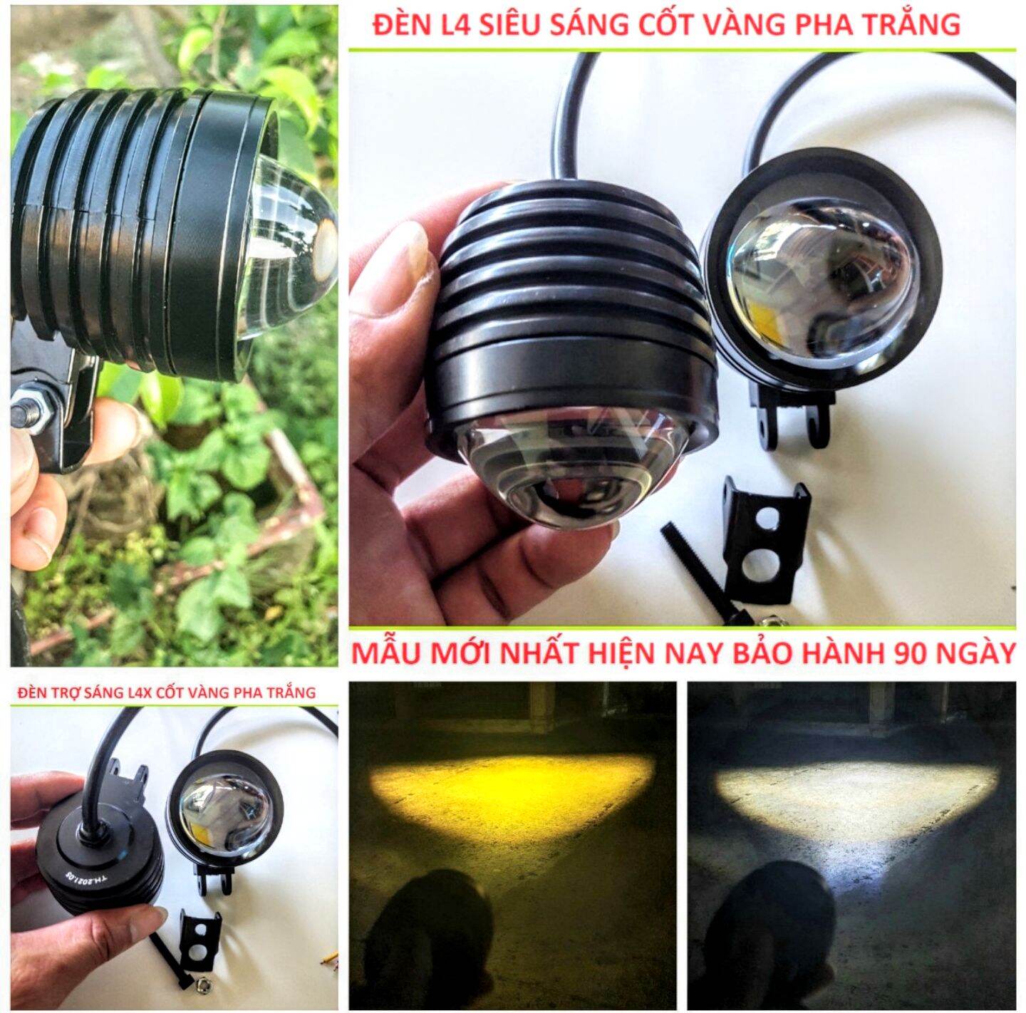 1 đèn trợ sáng l4 bi cầu 2 chế độ sáng trắng và vàng xe máy và ôtô mẫu mới