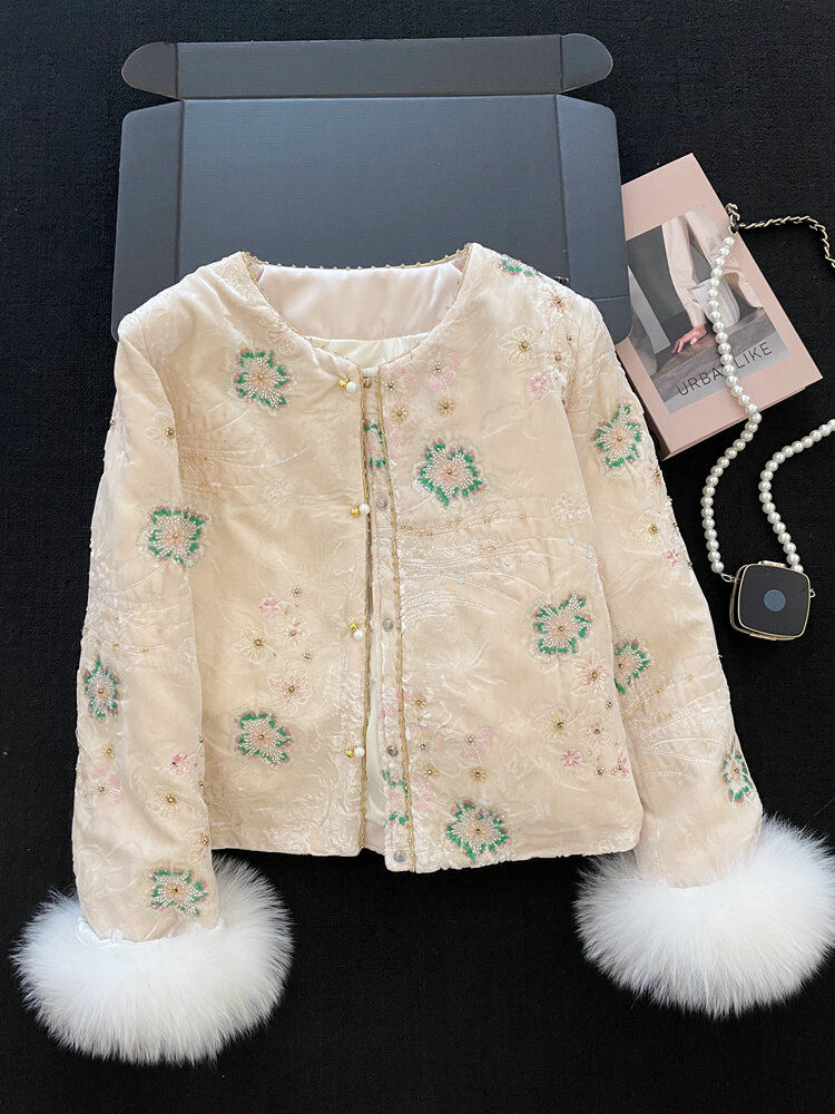 Luxury Fox Fur Short Coat Women Floral Embroidery Round Neck Giá 3,691,000 Đồng*Miễn phí vận chuyển
