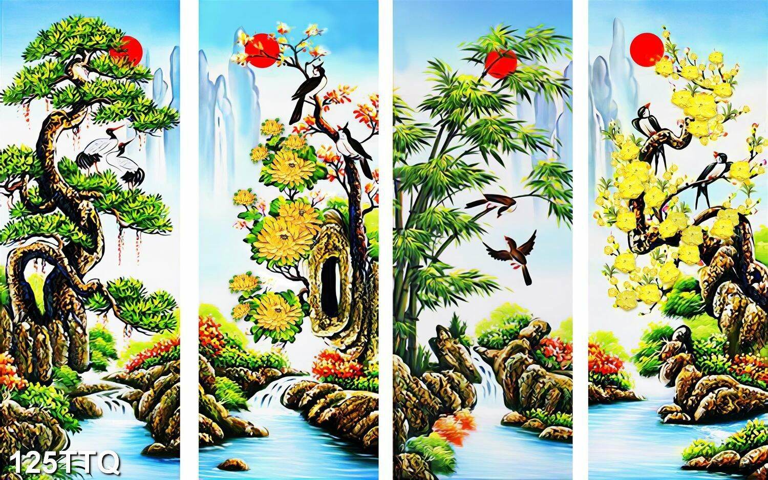 TRANH DÁN TƯỜNG 3D TỨ QUÝ 125TTQ TÙNG CÚC TRÚC MAI XUÂN HẠ THU ĐÔNG