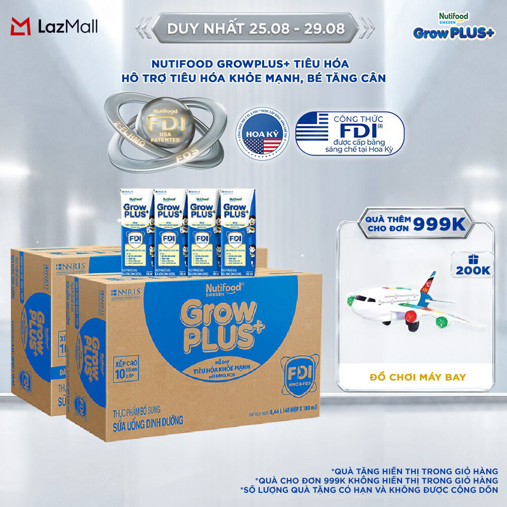 Combo 2 Sữa bột pha sẵn Nutifood Sweden GrowPLUS+ Tiêu Hóa (Xanh Nhạt) - Hỗ trợ tiêu hóa khỏe mạnh, bé tăng cân (48 hộpx180ml)