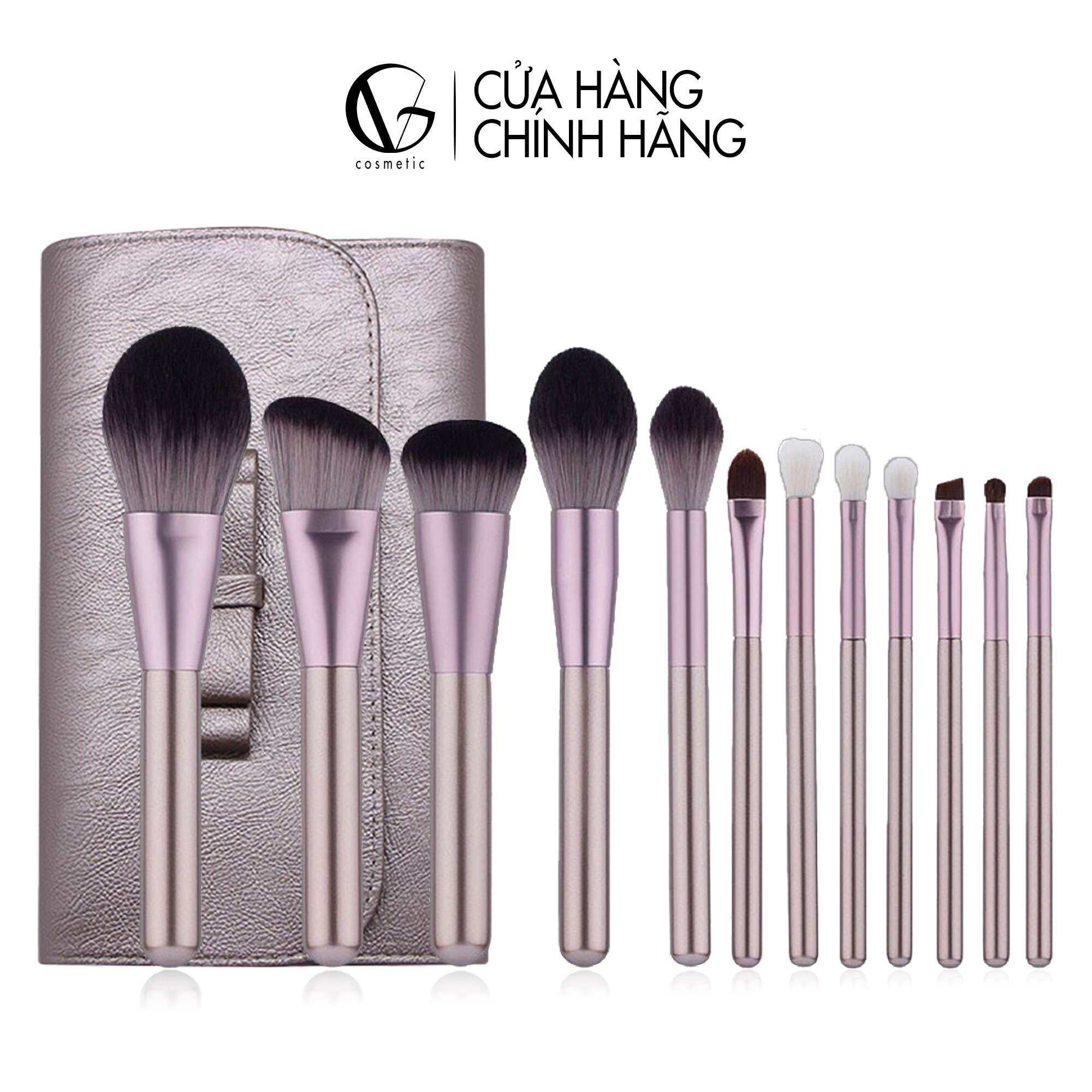 Bộ Cọ Trang Điểm Cá Nhân GUVIET 12 Cây Màu Nâu Ngà Có kèm Bao Da hoặc ống cắm