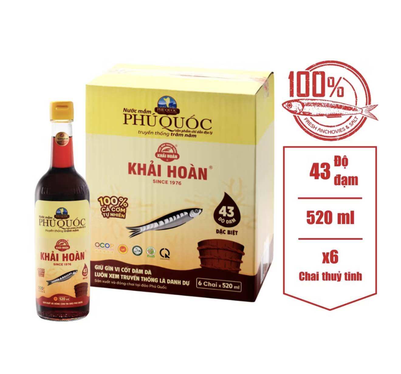 Nước mắm Phú Quốc Khải Hoàn 43 độ đạm 520 ml chai thủy tinh x6 chai