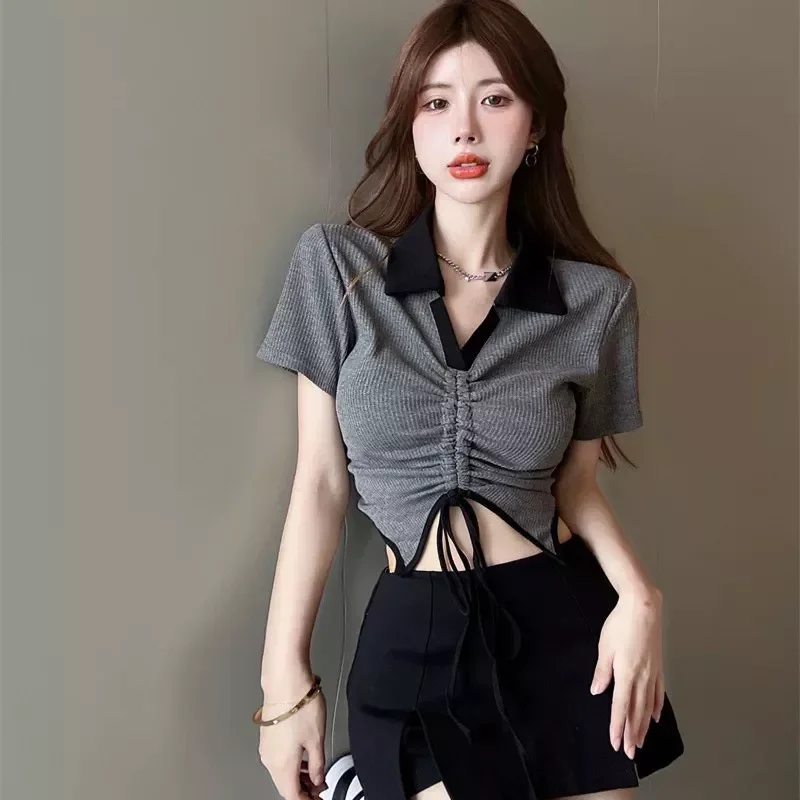 ÁO CROPTOP RÚT DÂY PHỐI 2 MÀU XÁM ĐEN RDV097