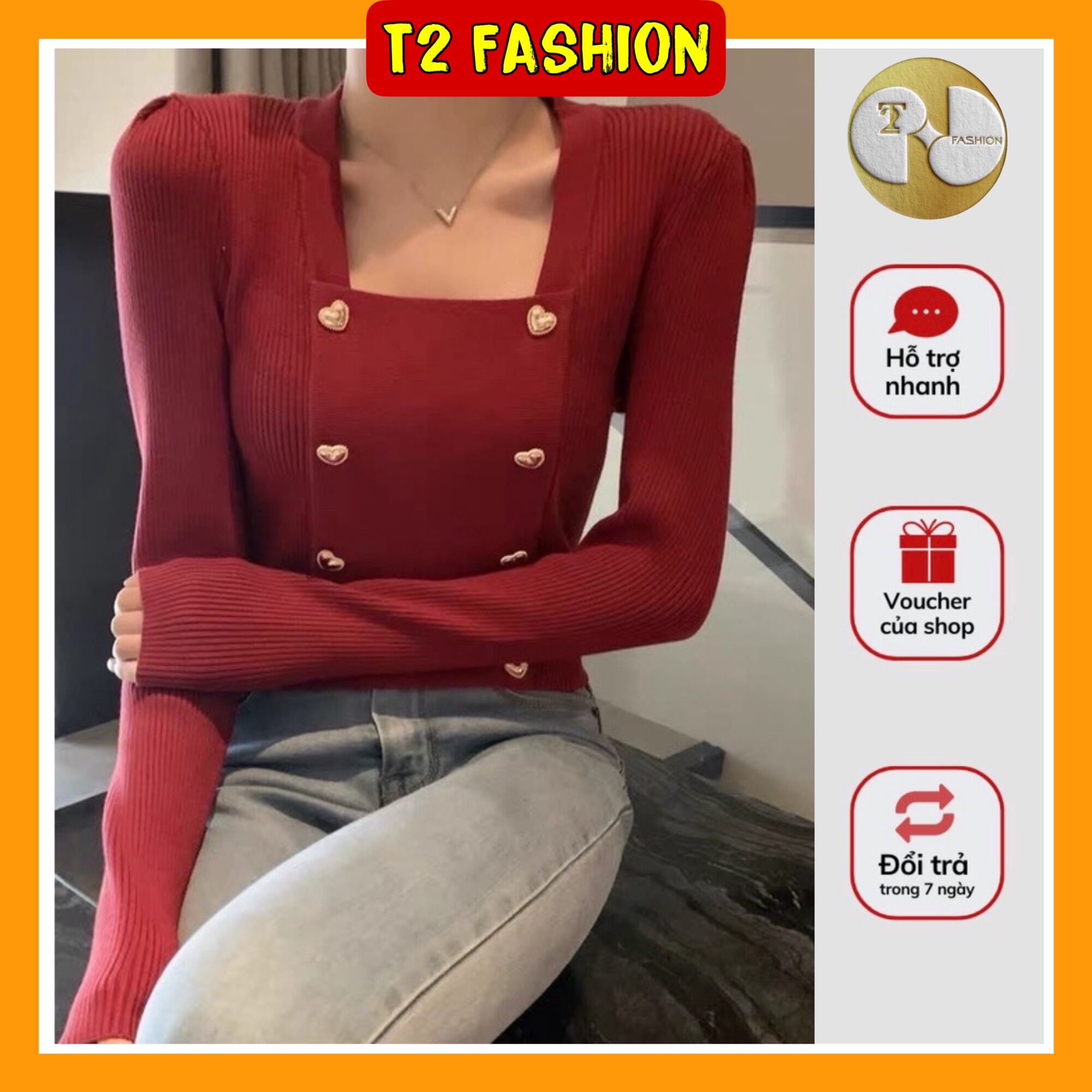 Áo len dài tay cổ vuông đính cúc trái tim