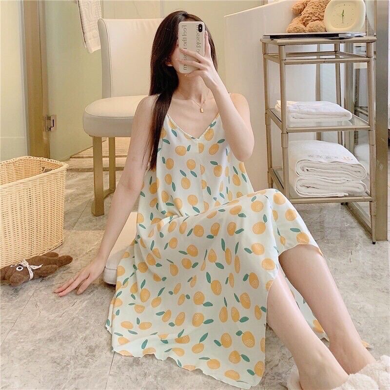 (Mới) Váy mặc nhà, váy bầu chất lanh lụa siêu mềm mát, hoạ tiết dễ thương