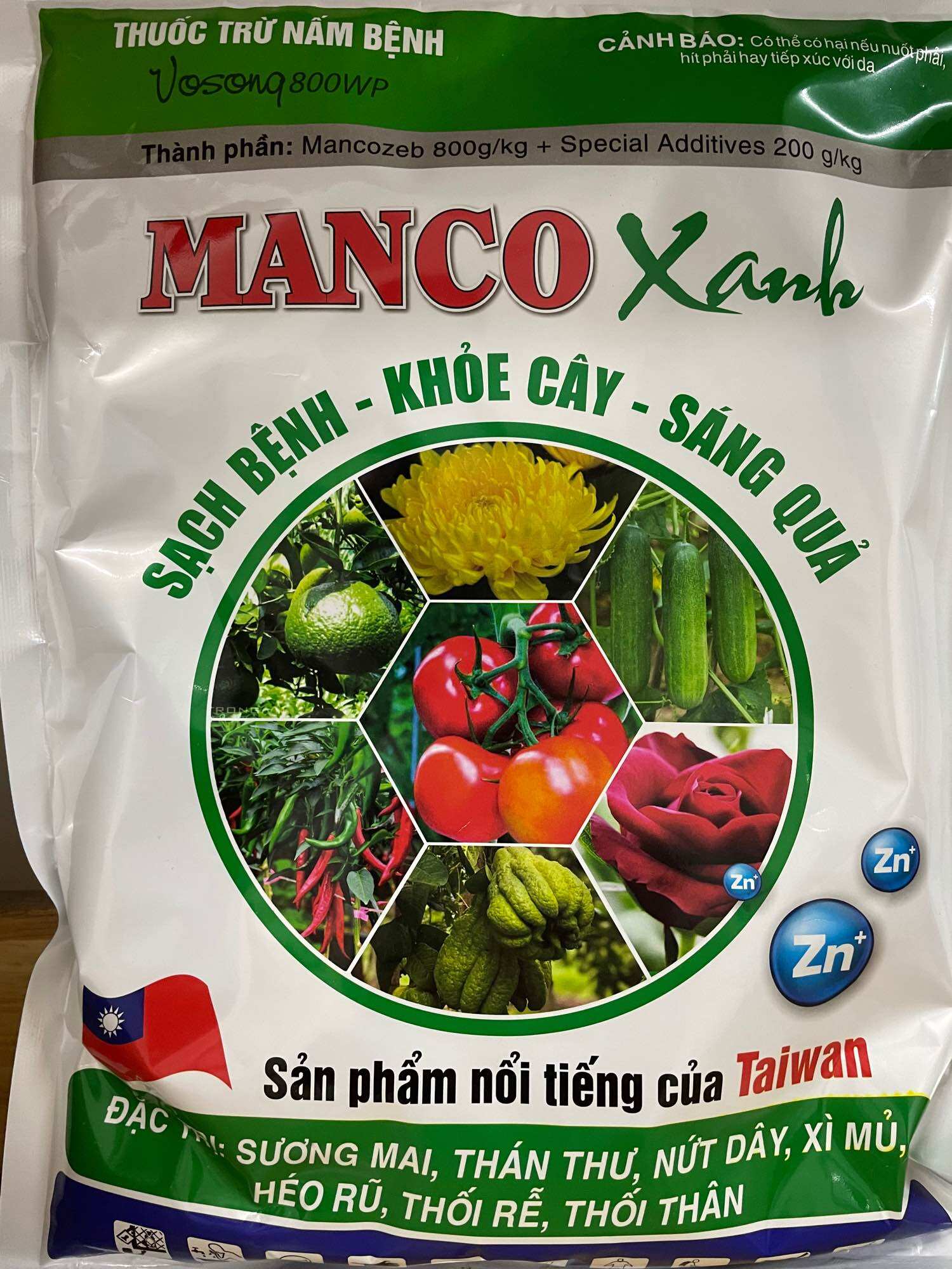 Thuốc trừ bệnh cây trồng Mancozeb Xanh Gói 1kg Bột Màu Xanh trừ phấn trắng; thán thư; sương mai; vàng lá; thối thân; thối rễ; héo rũ;