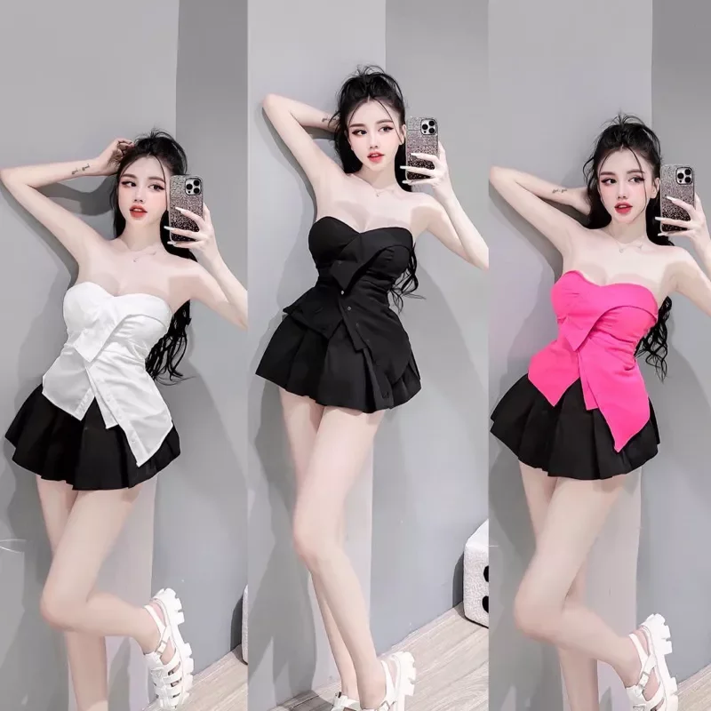 Áo croptop lệch tà cúp ngực phối nút siêu xịn a900