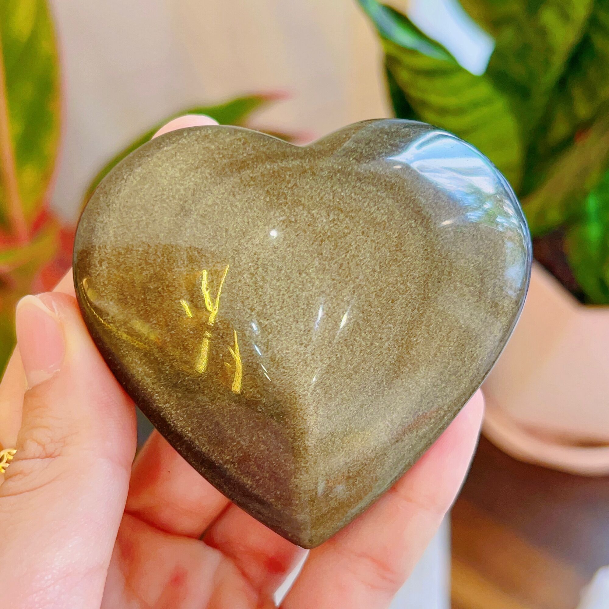 Đá Golden Sheen Obsidian được mài dáng trái tim, Đá thiên nhiên, Đá Năng Lượng, Thiền Định