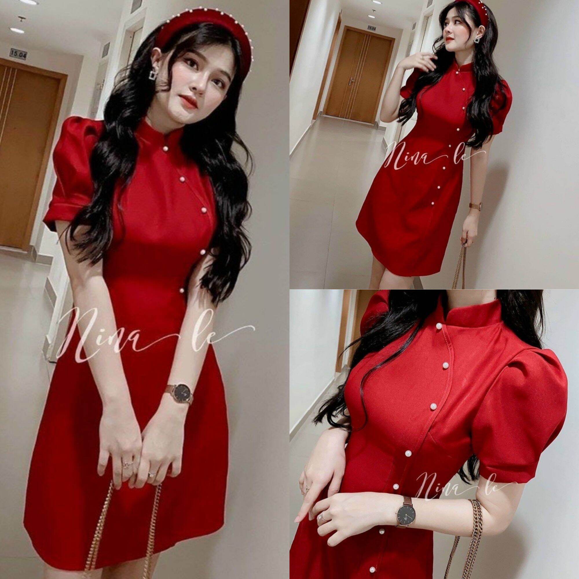 Đầm sườn xám đính ngọc diện Noel, diện Tết xinh xắn, màu đỏ may mắn tươi tắn cho bạn gái - Đầm xinh diện Tết vui Xuân rẻ sập sàn Lazada