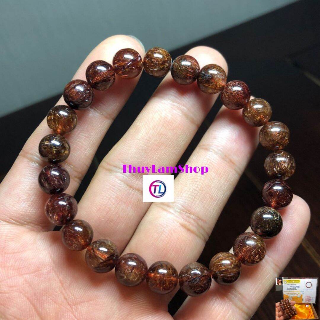 Vòng tay đá thạch anh tóc nâu đỏ ánh kim 8li thiên nhiên bao kiểm định đá quý toàn quốc