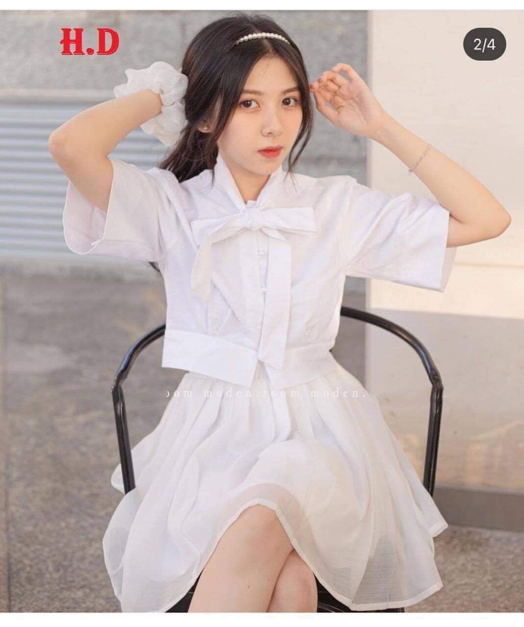 0sét váy áo croptop buộc nơ mix chân váy 2 lớp vintage dáng ulzzang