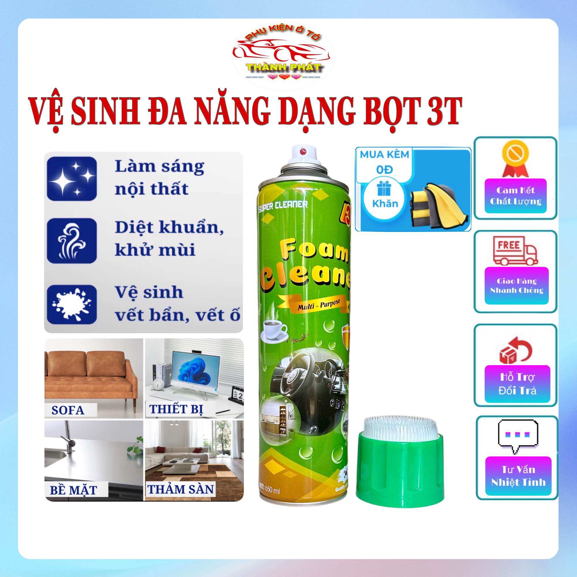 Chai vệ sinh nội thất ô tô xe hơi 3T dạng bọt tẩy vết bẩn bề mặt nỉ da nhựa vải gỗ dung tích 650Ml
