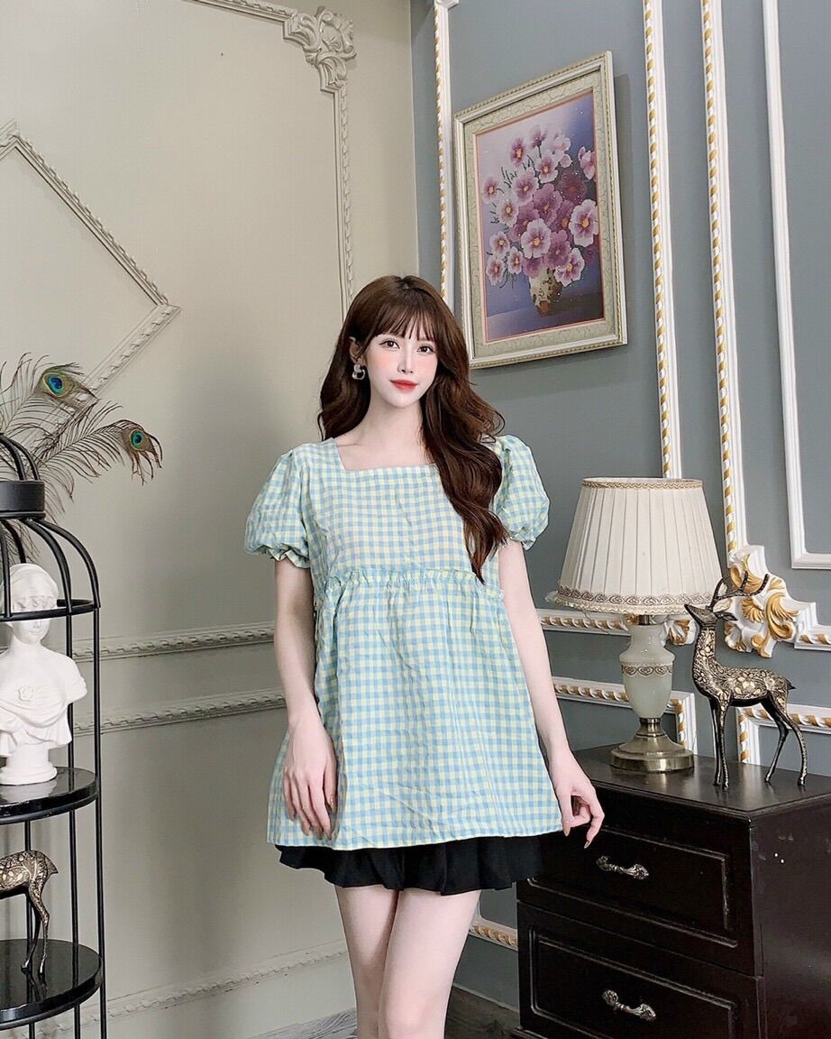 Áo bầu baby doll thời trang caro