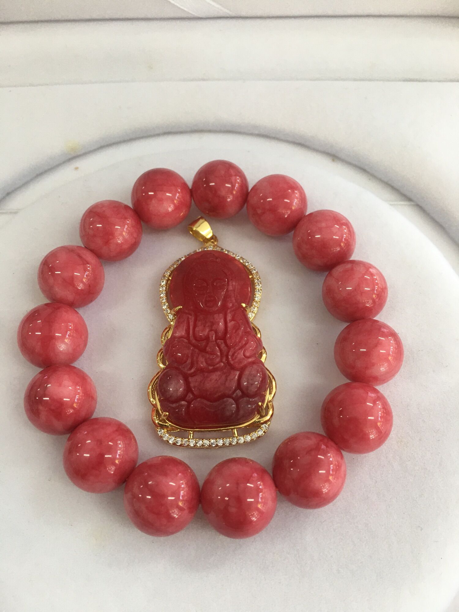 Bộ vòng đá ruby phi 14li + mặt quan âm