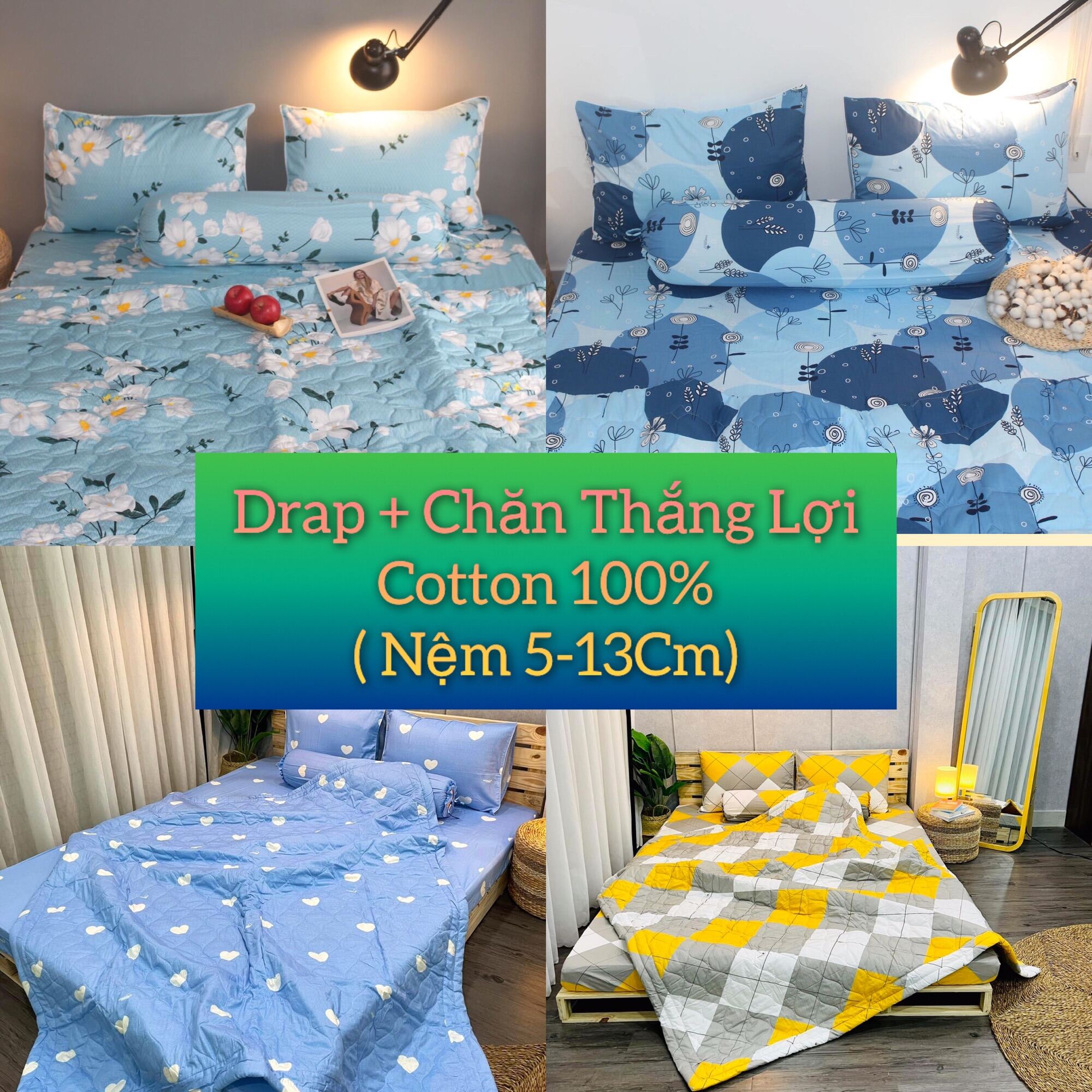 Bộ drap + CHĂN cotton 100% THẮNG LỢI, ga trãi giường vải dày dặn