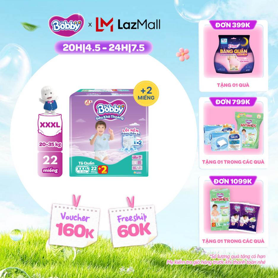 [CHỈ 20h 04-07.05 QT Đơn 899K/1199K][Số miếng tặng thay đổi tùy đợt nhập hàng] Tã/bỉm quần Bobby 3mm Jumbo Gạo non Giảm nhiệt XXXL22
