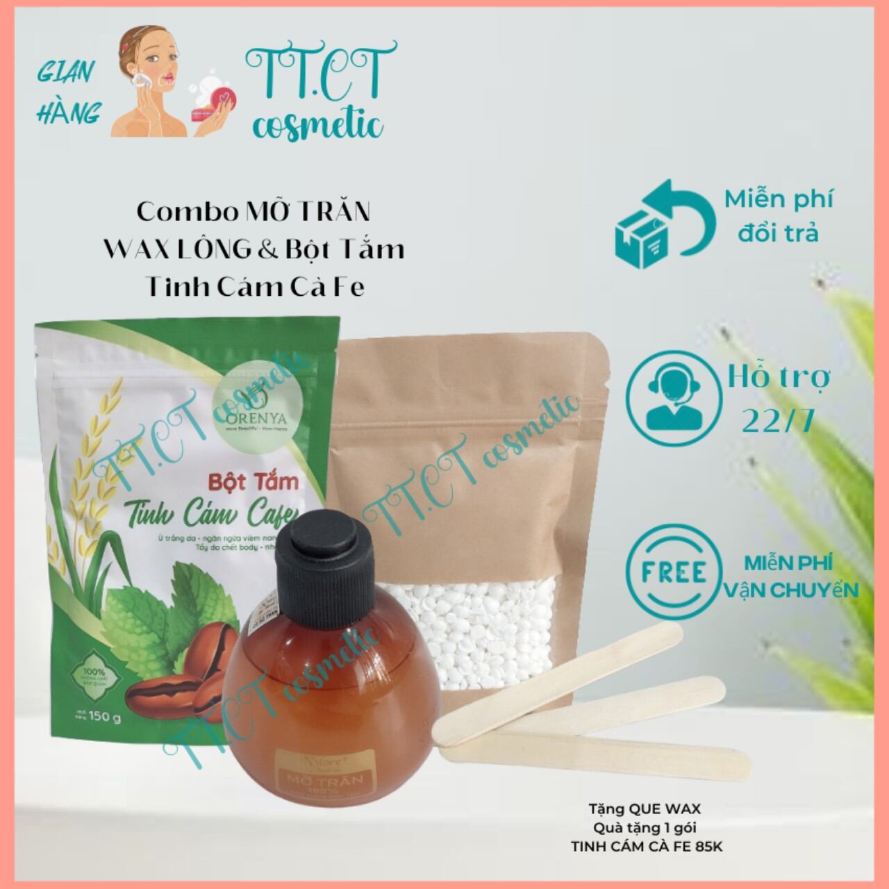 Combo Triệt lông 100gr sáp wax nóng + Bột tắm Tinh Cám Cà Fe 150g+ Mỡ Trăn nguyên chất 100% triệt lông an toàn tại nhà