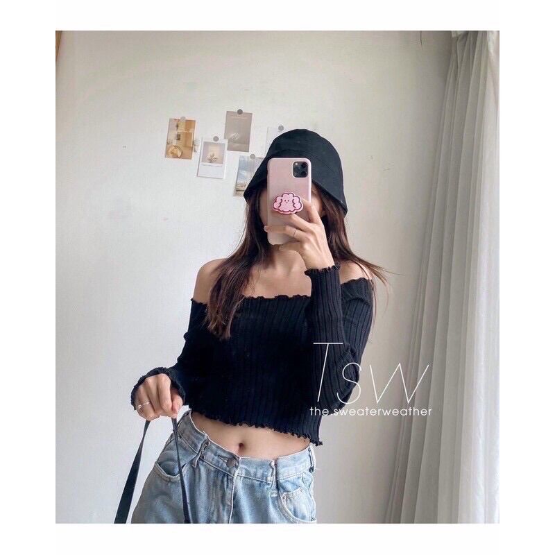 Áo Croptop Trễ Vai Dài Tay Len Mỏng