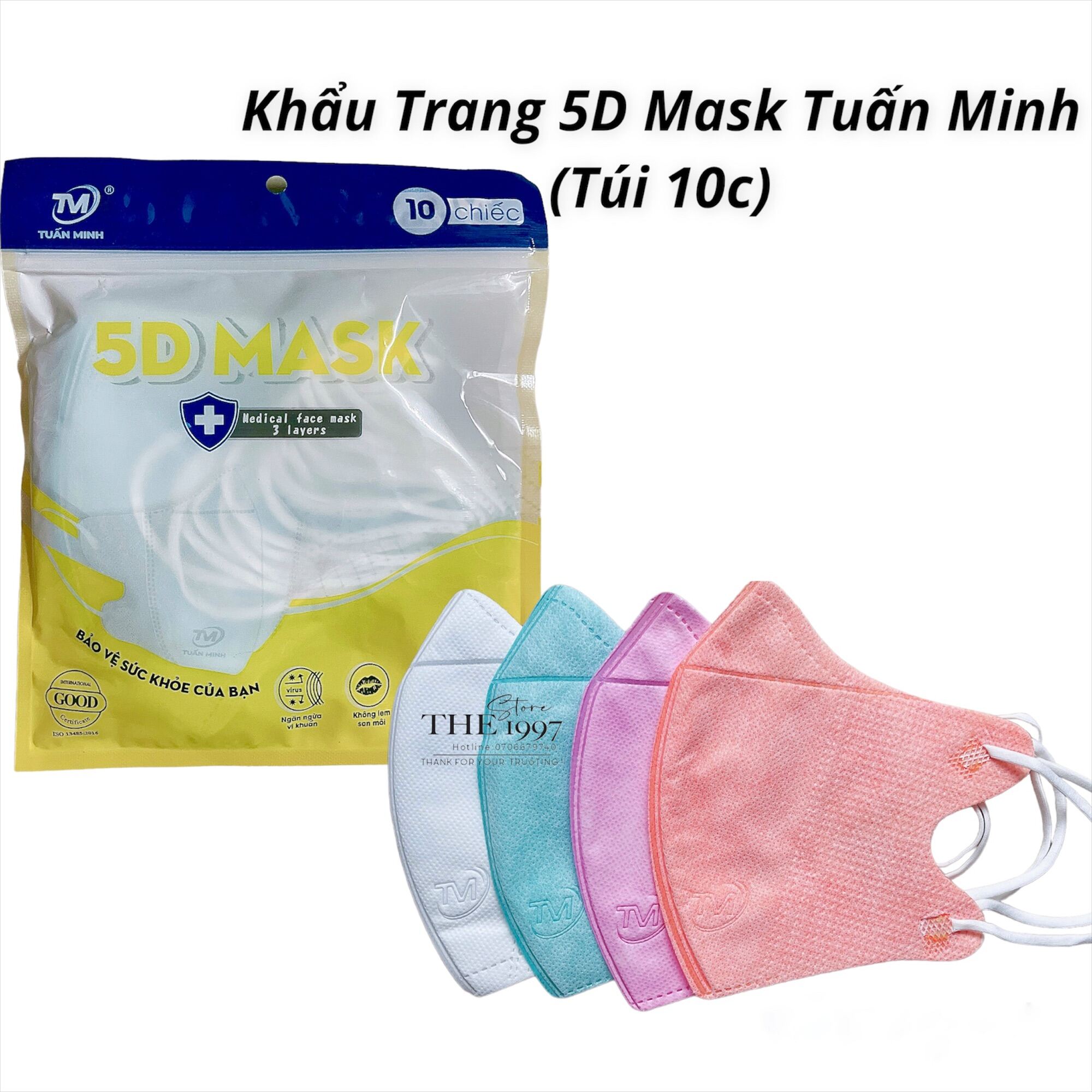 Khẩu trang 5D Mask Tuấn Minh Kháng Khuẩn Đủ Các Màu, thuộc công ty Tuấn Minh Túi 10 chiếc dày 3 lớp vải không dệt