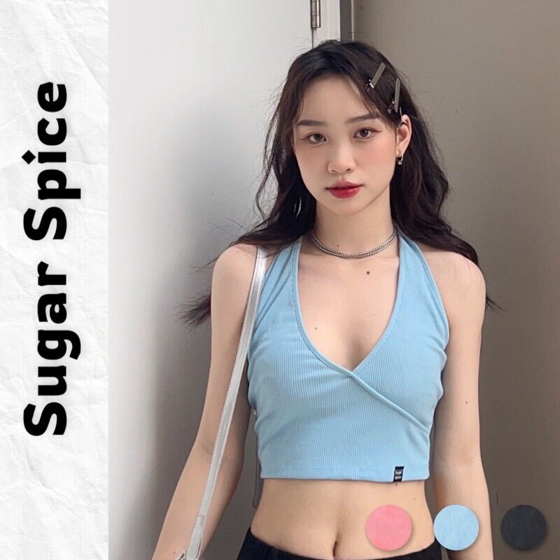 Áo yếm croptop hai dây chất vải thun gân sugar spice - cake top