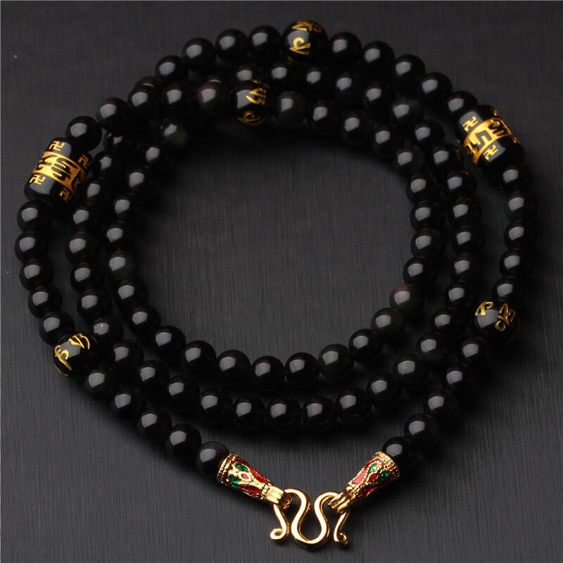 Dây chuyền phật châu chuỗi bùa phật thái lan đá obsidian tự nhiên dây chuyền phật châu dây đeo mặt dây chuyền thangka nam nữ hạt màu đen nam chân ngôn