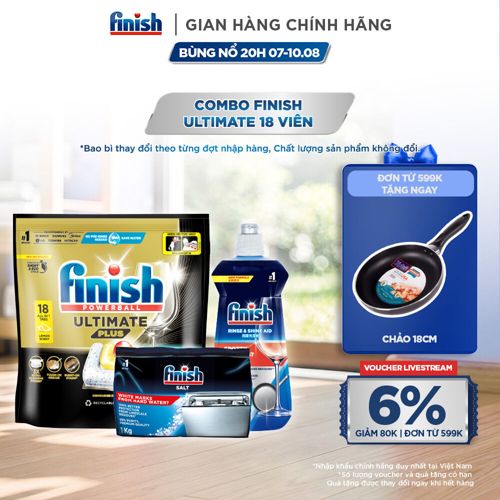 Combo Finish: Viên rửa chén Ultimate 18 viên + Nước làm bóng 500ml + Muối rửa chén 1kg