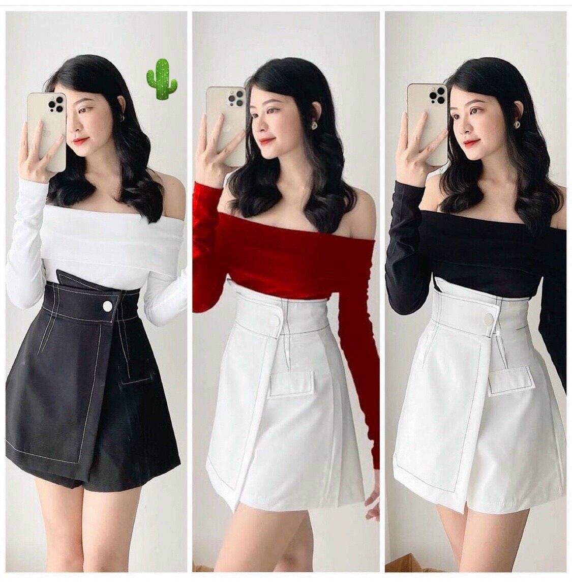 Sét áo bẹt vai kèm chân váy viền chỉ siêu hot ty1