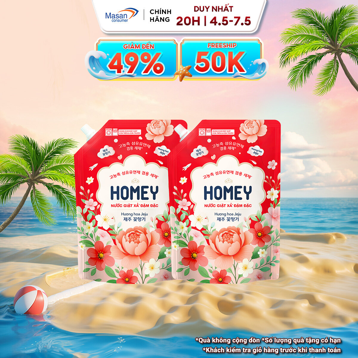 Combo 2 nước giặt xả Homey đậm đặc hương hoa Jeju túi x 3.4kg