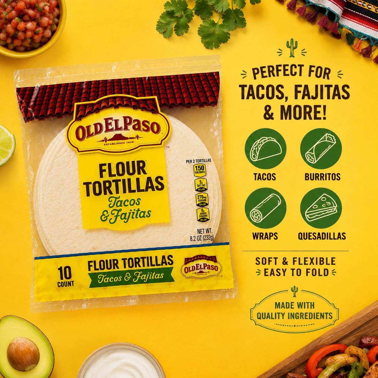 Vỏ Bánh Taco Old El Paso Flour Tortillas 10 Bánh 232g Mỹ - Vỏ Bánh Mềm, Dễ Chế Biến Cho Nhiều Món Ăn, Phù Hợp Làm Taco, Fajita, Quesadilla