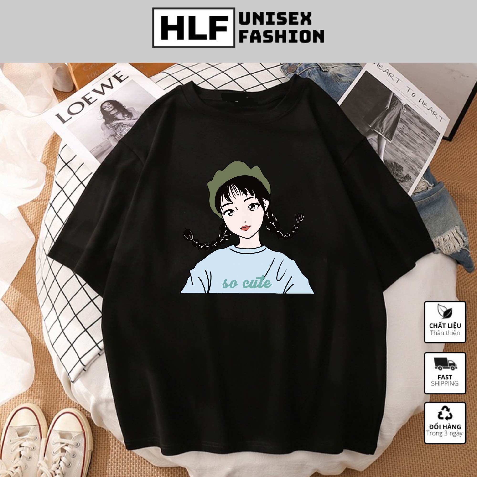 Áo thun tay lỡ form rộng cô gái 2 bim tóc siêu dễ thương áo phông form rộng size HLFashion