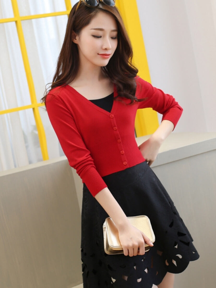 Áo Len Dệt Kim Ngắn Cho Nữ Màu Trơn Dáng Ôm Mỏng Cạp Cao Kiểu Pháp Áo Khoác Ngoài Mùa Xuân Thu Áo Khoác Ngoài Cổ Chữ V Một Nút