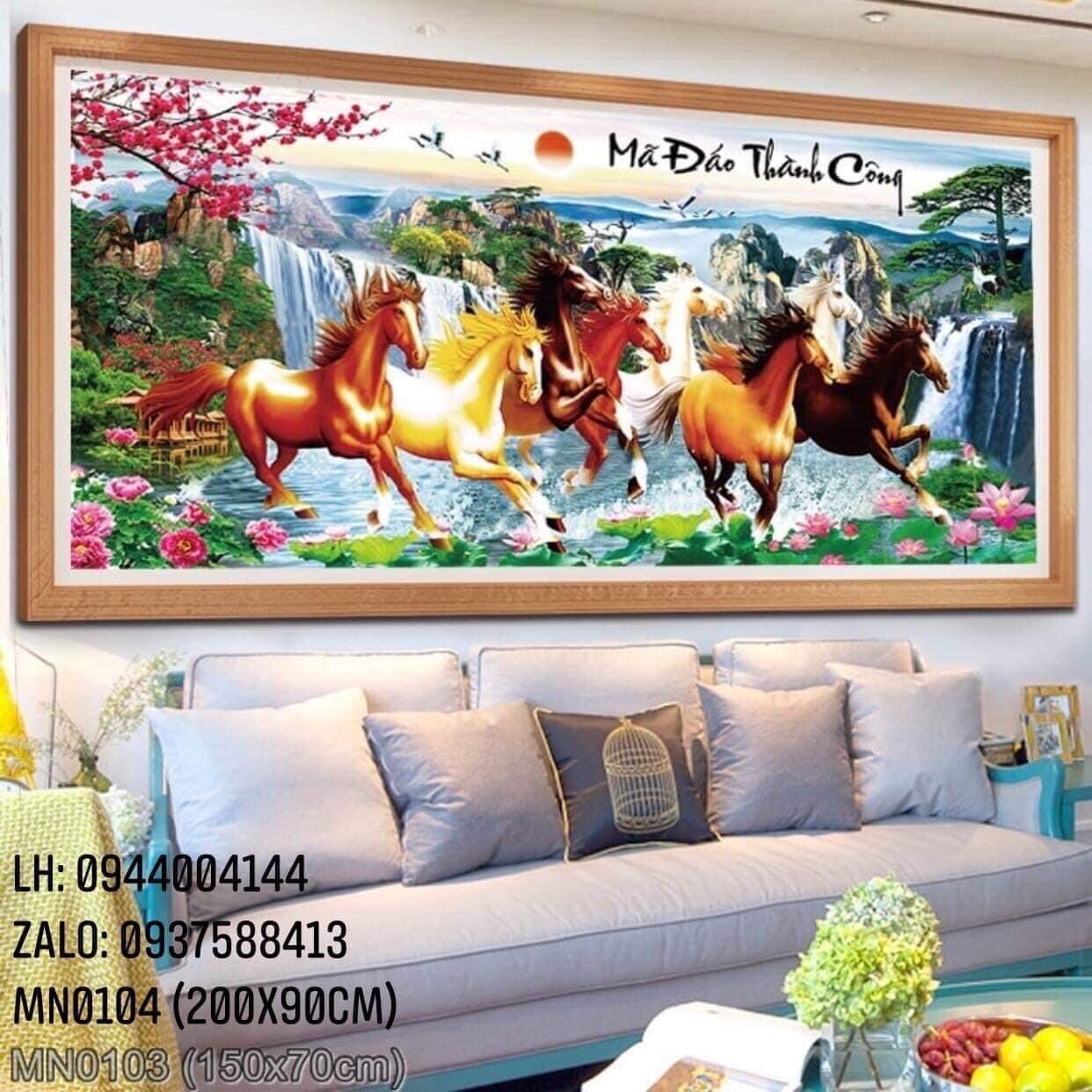 Tranh thêu kín ngựa mã đáo Kt:150x70cm,tranh chưa thêu,tặng kéo và xỏ chỉ