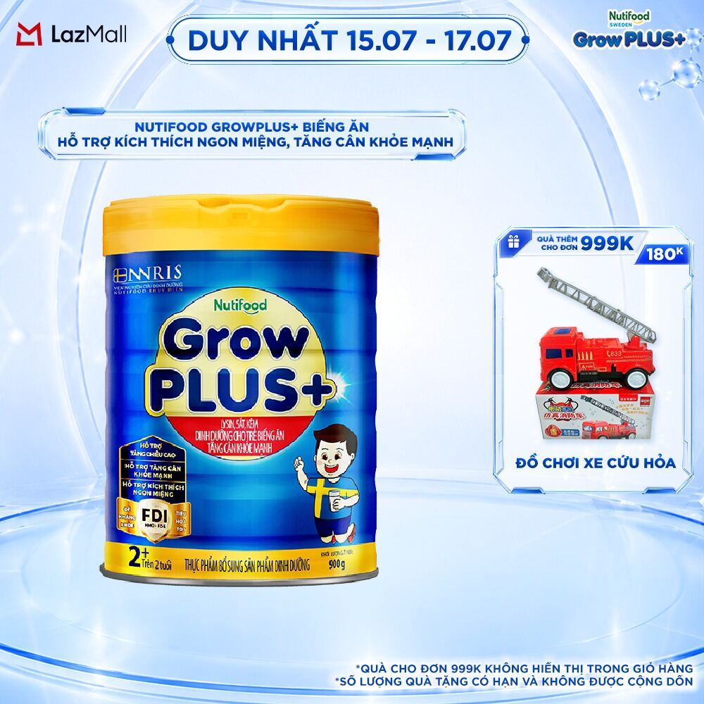 Sữa Bột Nutifood GrowPLUS+ Biếng Ăn (Xanh) 2+ - Hỗ trợ kích thích ngon miệng, tăng cân khỏe mạnh (Lon 900g)