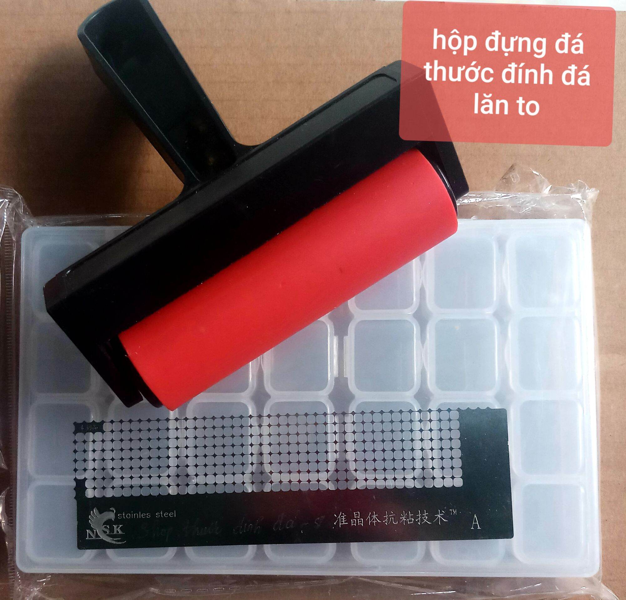Combo thước đính đá- hộp đựng đá trắng trơn- lăn đá