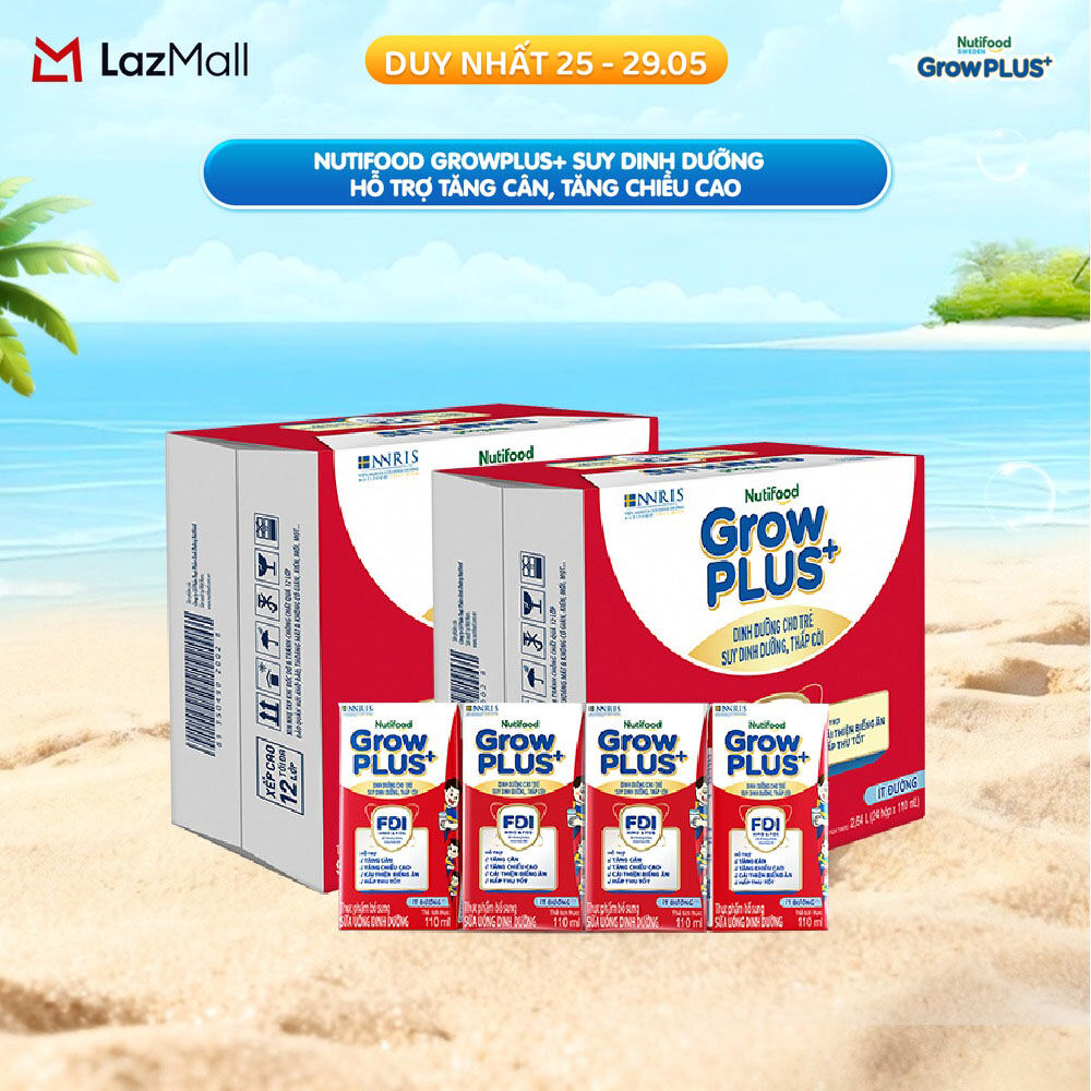 Combo 2 Thùng 24 hộp Sữa Nước Pha Sẵn Nutifood GrowPLUS+ Suy Dinh Dưỡng (Đỏ) - Hỗ Trợ Tăng Cân, Tăng Chiều Cao Ít đường 110ml - Trên 1 tuổi (Bao bì tùy đợt nhập hàng)
