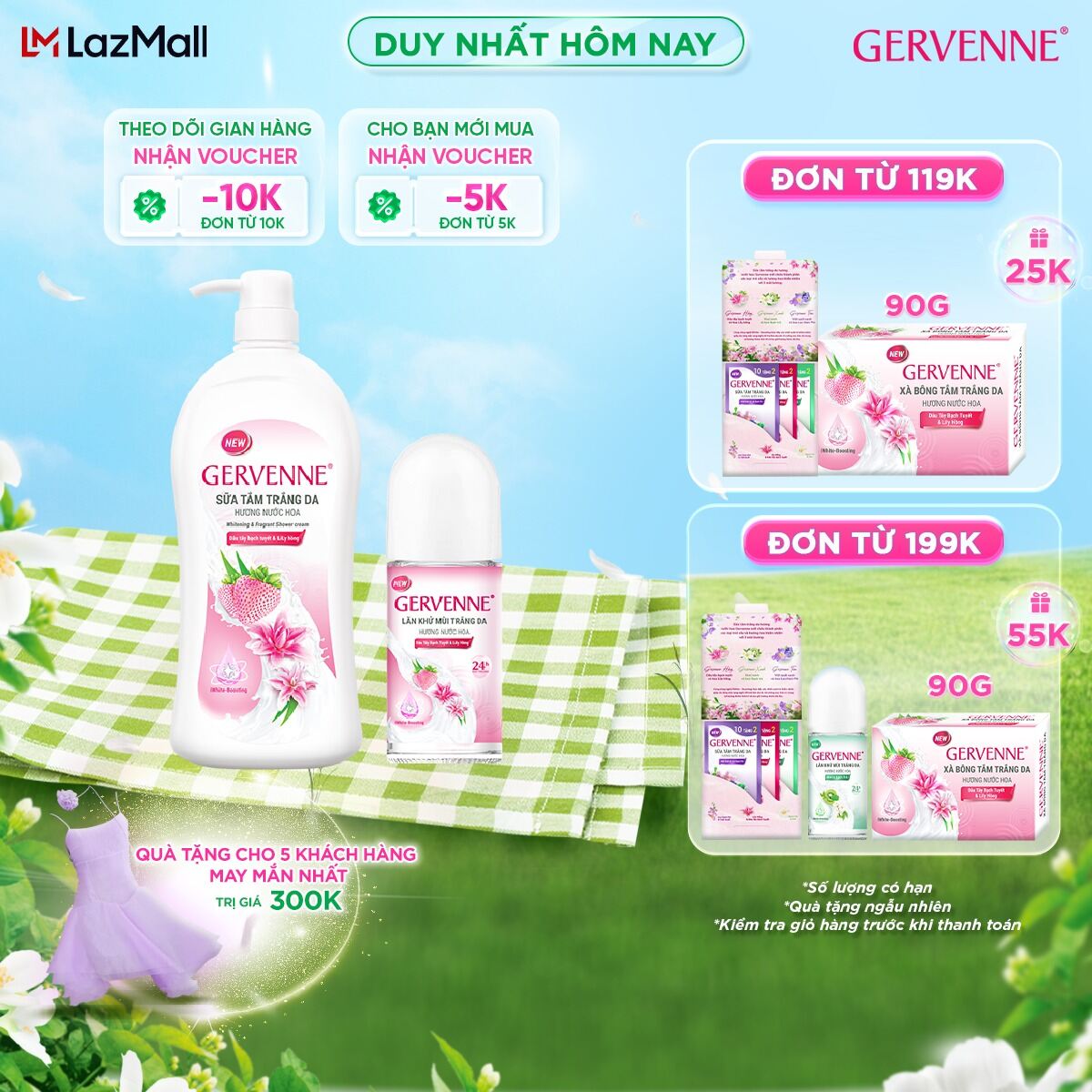 Combo Sữa tắm trắng da Gervenne 1.2L và Lăn khử mùi trắng da hương Dâu Tây Bạch Tuyết và Lily Hồng 50ml