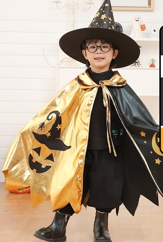 Set áo choàng phù thuỷ đen vàng hình bí ngô hóa trang Halloween cho bé