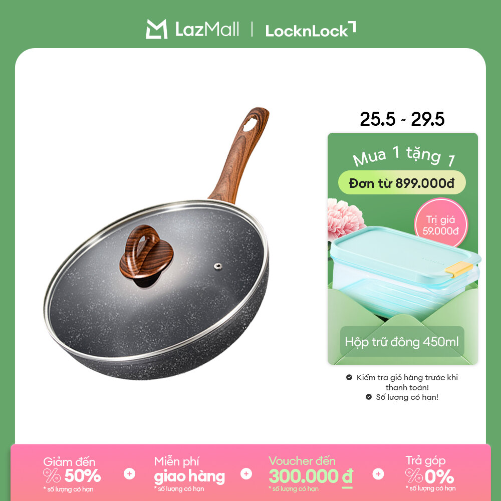 LBU1285 - Chảo nhôm sâu lòng chống dính LockLock BAUM Marble 28cm, 1 tay cầm, nắp thủy tinh Dùng được bếp từ Hàng chính hãng