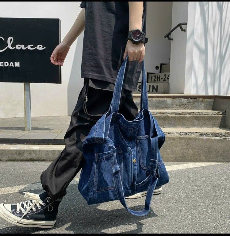 Túi đeo chéo, đeo vai,vải Jeans, dây kéo bảng to - JEANS