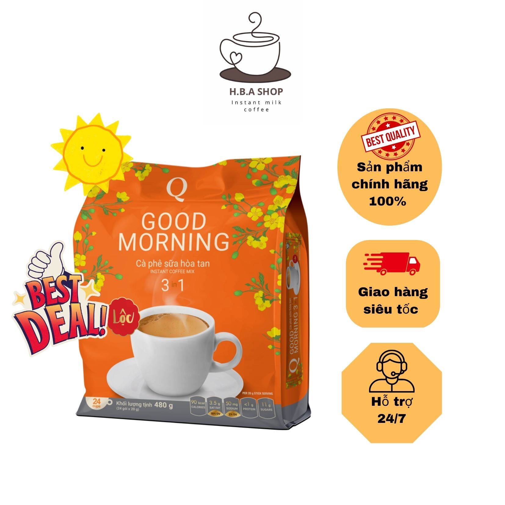 Cà phê sữa hoà tan trần quang good morning 480g