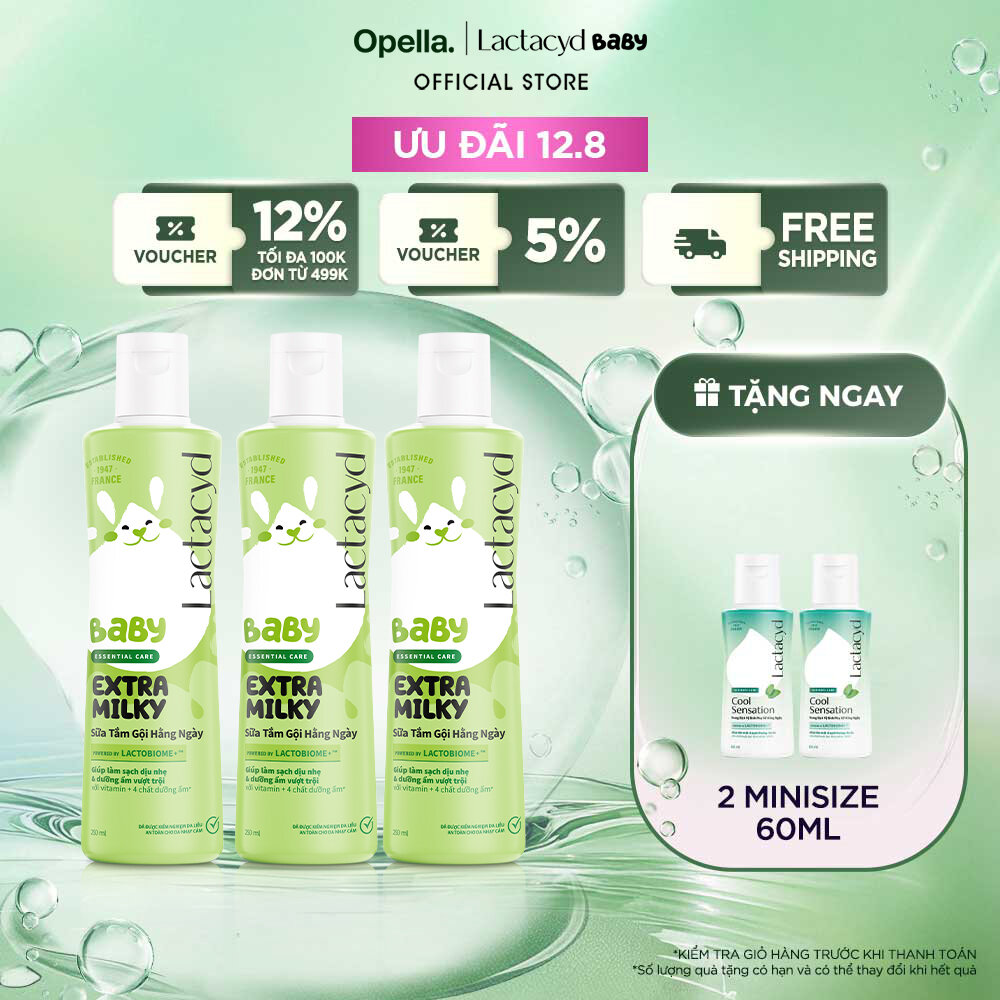 Bộ 3 chai Sữa Tắm Gội Trẻ Em Lactacyd Baby Extra Milky Làm Sạch Dịu Nhẹ và Dưỡng Ẩm Vượt Trội 250ml/chai