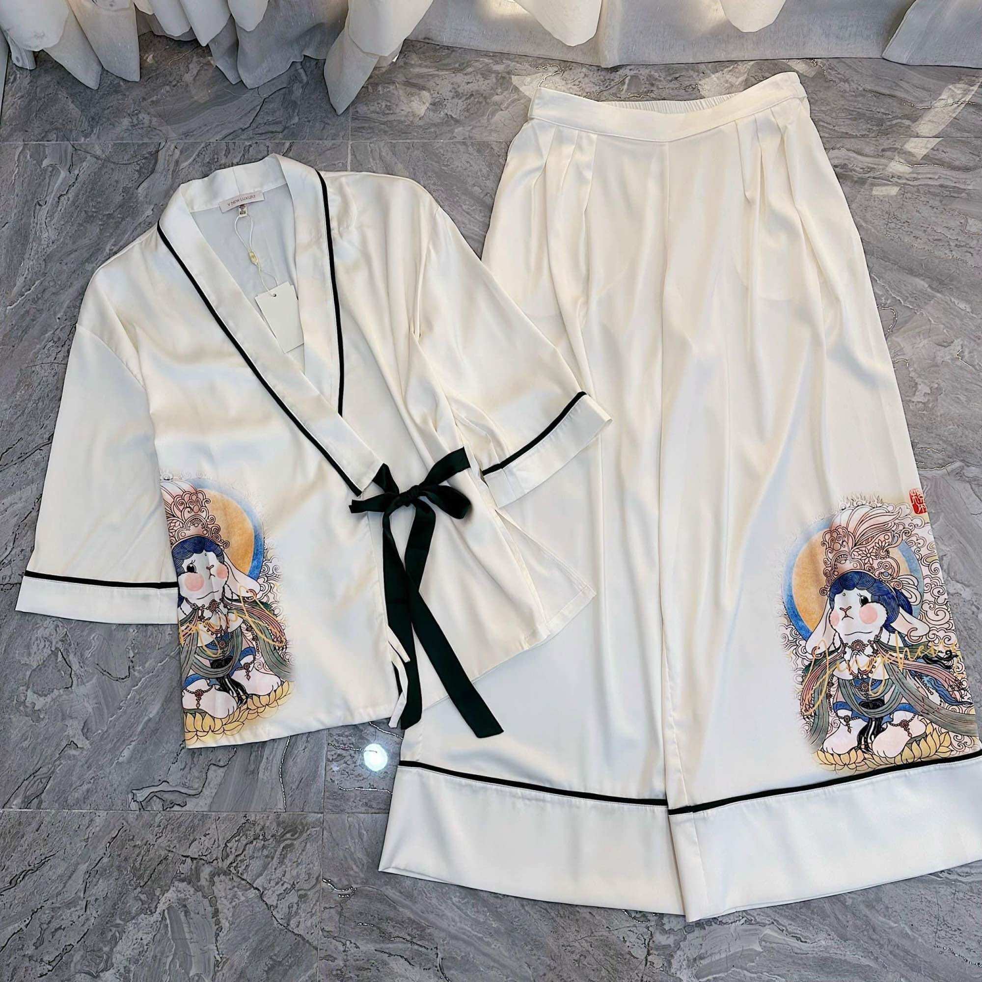 đồ bộ nữ pijama lụa xước kiểu dáng kimono dễ thương
