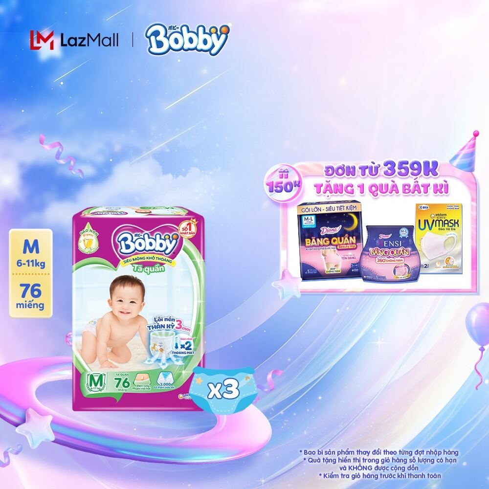 Combo 3 gói Tã quần Bobby Lõi nén thần kỳ 3mm - M76/L68/XL62/XXL56 [Bao bì thay đổi theo từng đợt nh