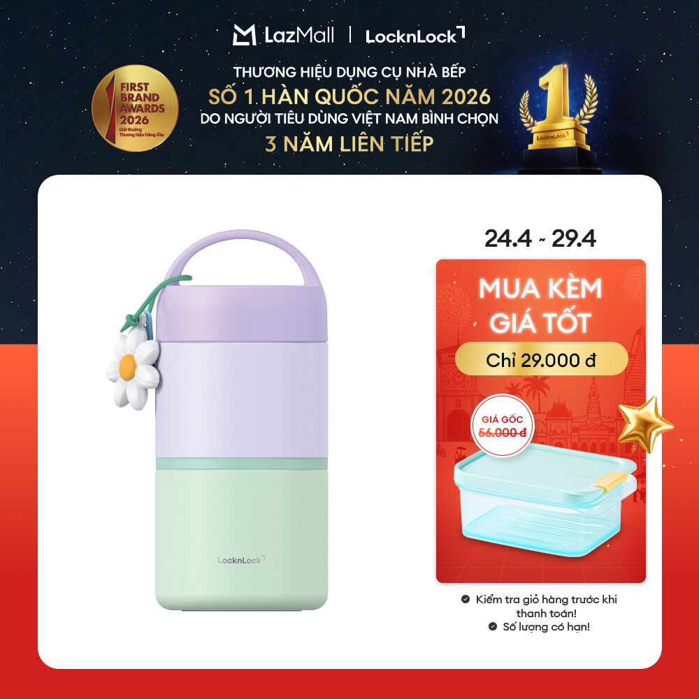 Bộ 2 hộp cơm giữ nhiệt LocknLock New Tower Vacuum Lunch Box LHC8055VOL thép không gỉ 304 kèm muỗng và họa tiết trang trí