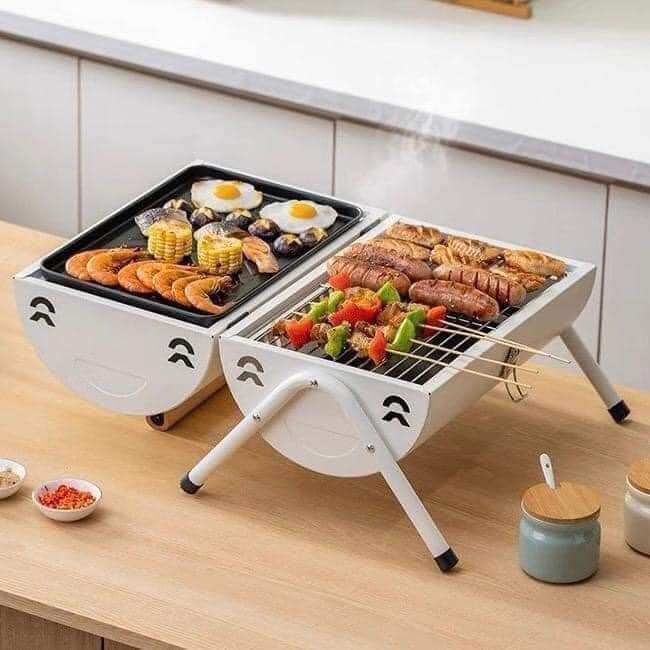 Bếp nướng 2 ngăn, Bếp nướng than hoa BBQ gấp gọn mẫu mới cao cấp mang đi dã ngoại, cắm trại, Thiết bị nướng ngoài trời kèm vỉ khay nướng