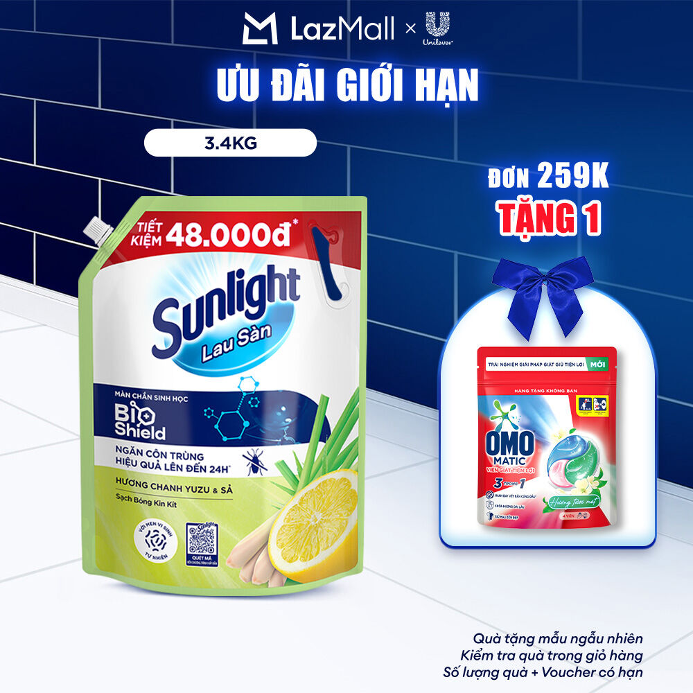 Nước lau sàn Sunlight BIOSHIELD Chanh Yuzu & Sả Túi 3.4kg | Công nghệ BIOSHIELD | Ngăn côn trùng hiệu quả