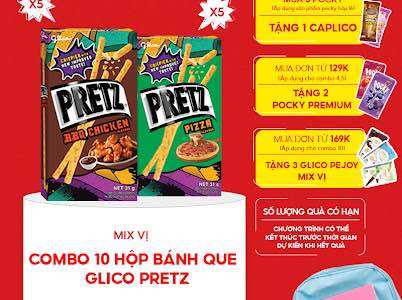 Combo 10 happy set b hộp bánh que nướng giòn mix 2 vị gà nướng và pizza glico pretz