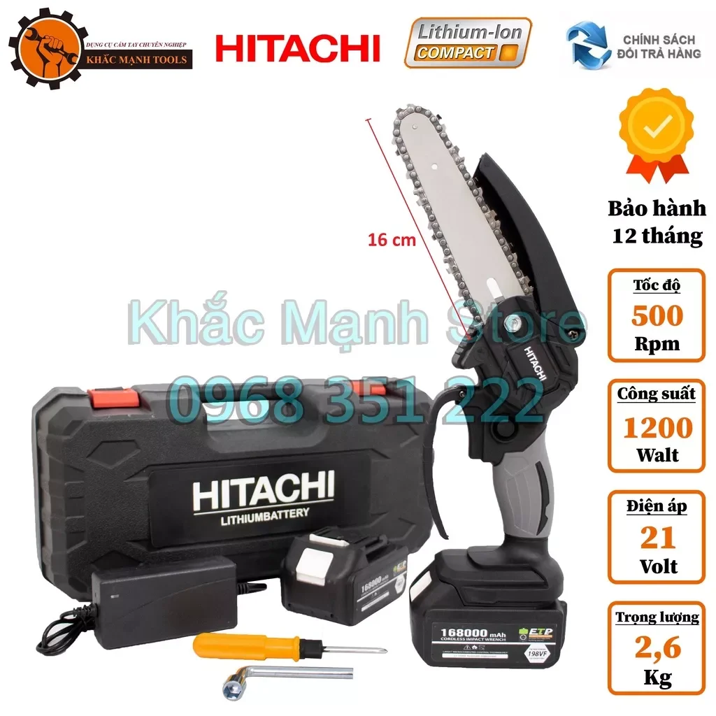 Máy cưa xích pin Hitachi 198VF, Lam xích dài 6 inch-16cm, Động cơ Lõi đồng 100% 550 mạnh mẽ, Chán pin phổ thông MKT